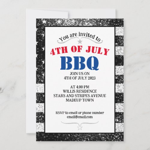 USA flag Black White sparkles 4th July BBQ party Invitation