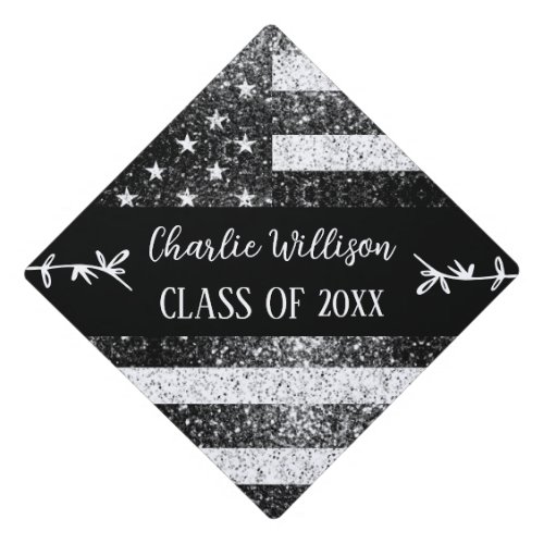 USA flag Black White sparkles Custom name Class Graduation Cap Topper