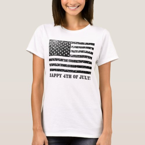 USA flag black white sparkles glitters 4th of July T_Shirt