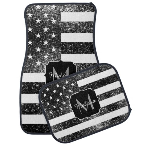 USA flag black white sparkles glitters Monogram Car Floor Mat