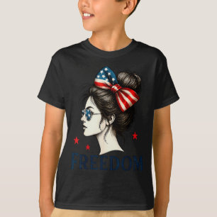 Usa Flag Bow Messy Bun Girls Dom American Flag Pat T-Shirt
