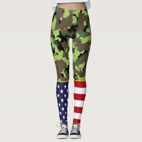 USA Flag Bright Military Green Camo Leggings