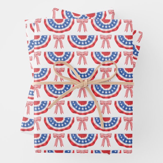 USA Flag Bunting and Bows American Summer Wrapping Paper Sheets (In situ)