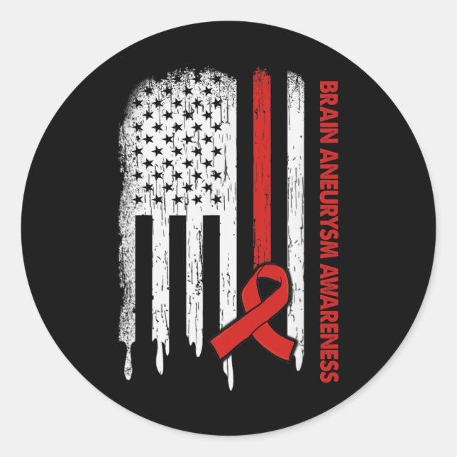 USA Flag Burgundy Ribbon Brain Aneurysm Awareness  Classic Round Sticker (Front)