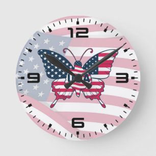 USA Flag Butterfly Patriotic American Pride Design Round Clock