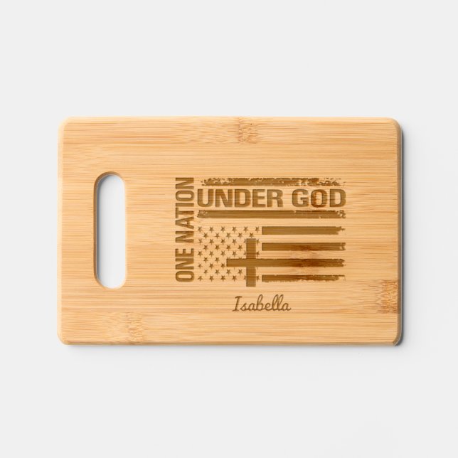 USA Flag Christian Cross One Nation Under God Engraved Cutting Board (Front)