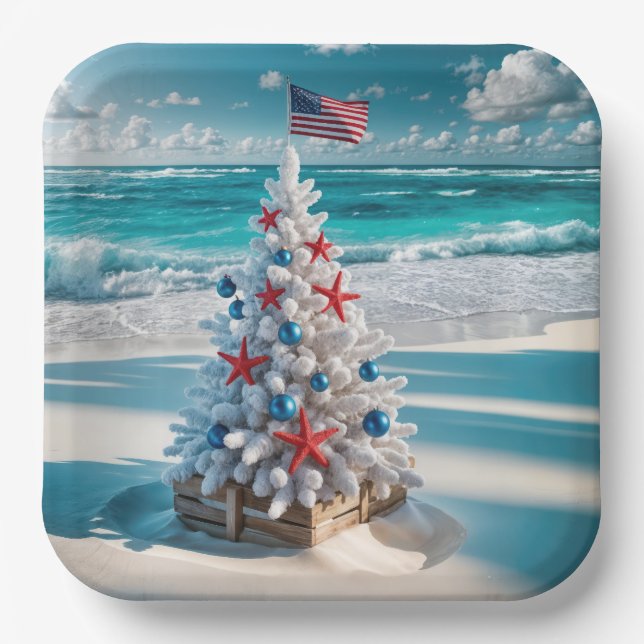USA Flag Christmas Tree Paper Plates (Front)
