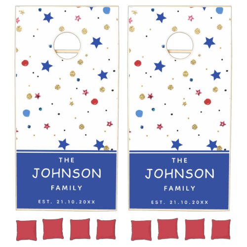 USA Flag Colors Confetti Family Name 4th of July Cornhole Set
