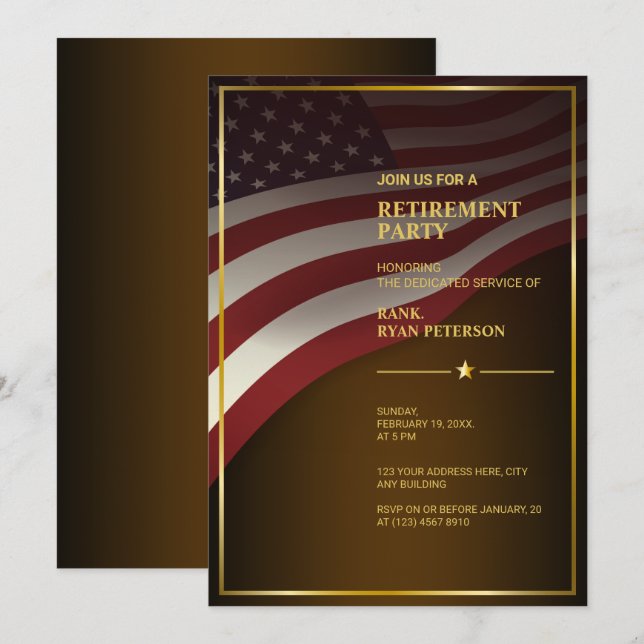 USA Flag | Corner | Gold Frame | Luxury Brown Invitation (Front/Back)