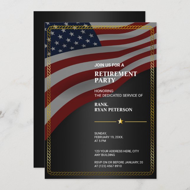USA Flag | Corner | Gold Rope Frame | Black Invitation (Front/Back)