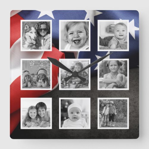 USA Flag Create Your Custom Photo Collage Square Wall Clock