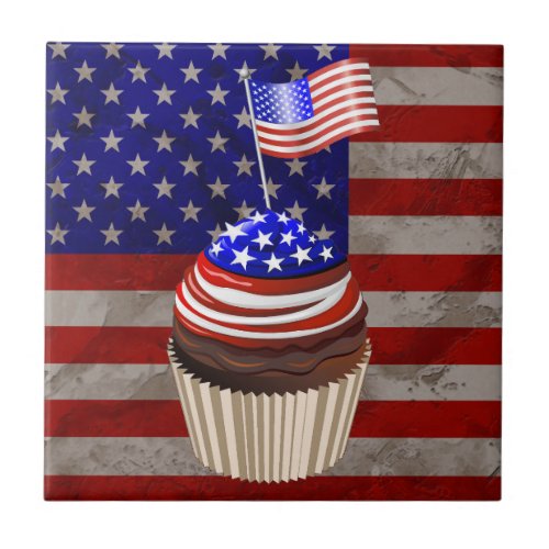 USA Flag Cupcakes Pattern Ceramic Tile