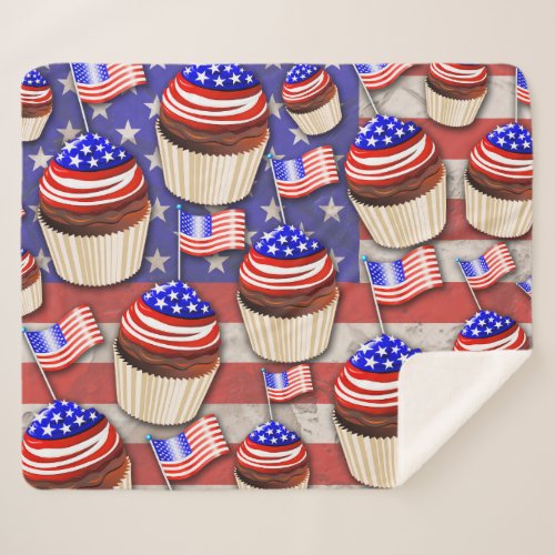 USA Flag Cupcakes Pattern Sherpa Blanket