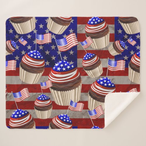 USA Flag Cupcakes Pattern Sherpa Blanket
