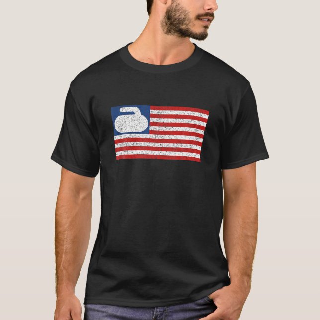 USA Flag Curling Stone Vintage T-Shirt (Front)