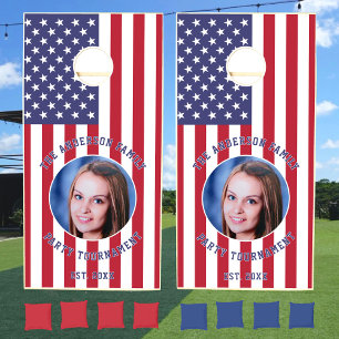 USA Flag Custom Photo Text Personalized Cornhole Set
