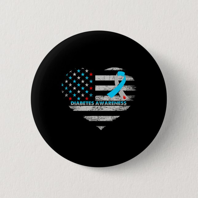 Usa Flag Diabetes Awareness Heart Family Support  Button (Front)