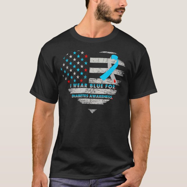 Usa Flag Diabetes Awareness Heart Family Support T-Shirt (Front)