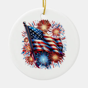 USA Flag Fireworks Patriotic Ceramic Ornament