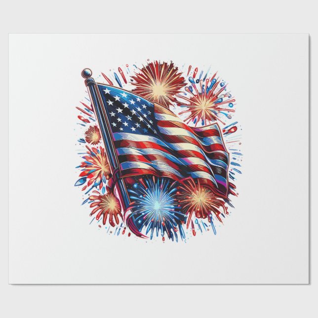 USA Flag Fireworks Patriotic Wrapping Paper (Flat)