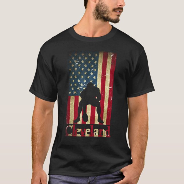 USA Flag Football Cleveland Ohio Lettering Lineman T-Shirt (Front)