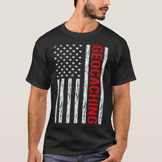 USA Flag Geocaching Geocache Geocacher T-Shirt (Front)