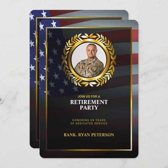 USA Flag | Gold Laurel Leaf | Luxury Retirement Invitation (Front/Back)