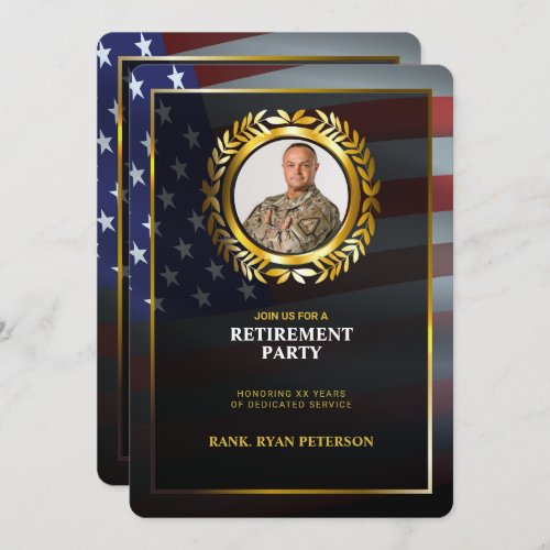 USA Flag  Gold Laurel Leaf  Luxury Retirement Invitation