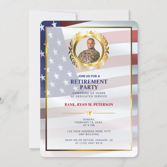 USA Flag | Gold Laurel Leaf | Luxury Retirement Invitation (Front)