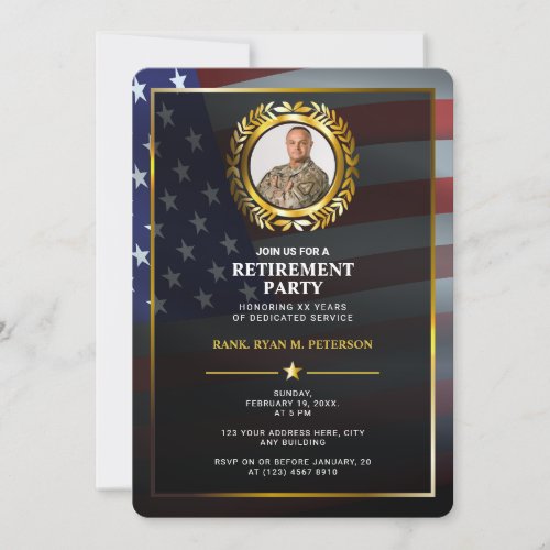 USA Flag  Gold Laurel Leaf  Luxury Retirement Invitation
