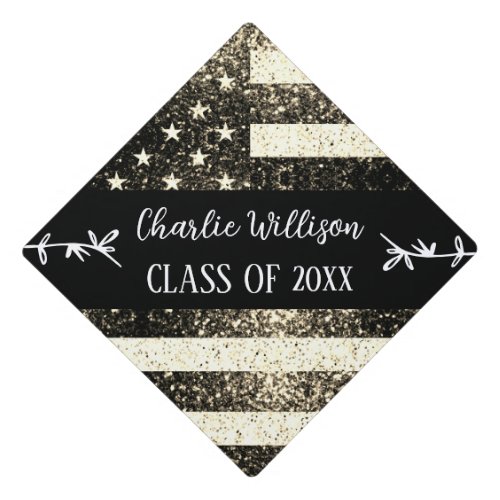 USA flag gold sepia sparkles Custom name Class Graduation Cap Topper