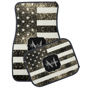 USA flag gold sepia sparkles glitters Monogram Car Floor Mat