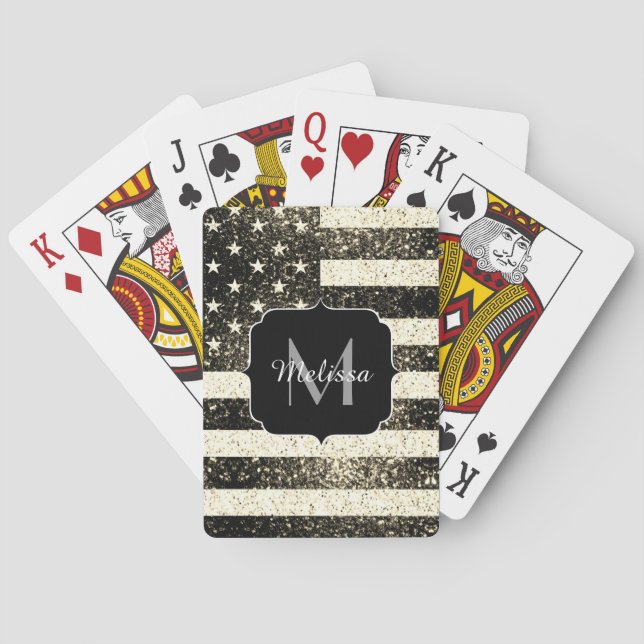 USA flag gold sepia sparkles glitters Monogram Poker Cards (Back)