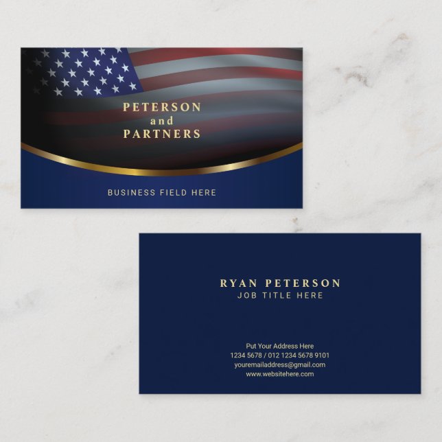 USA Flag | Gradation Concave Gold | Dark Blue Business Card (Front/Back)