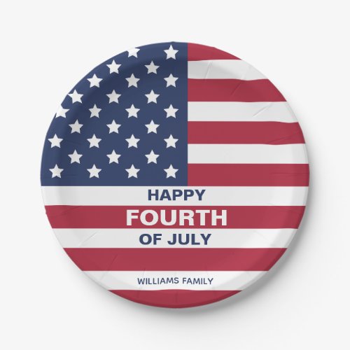 USA Flag Happy Fourth of July Custom Text Paper Plates