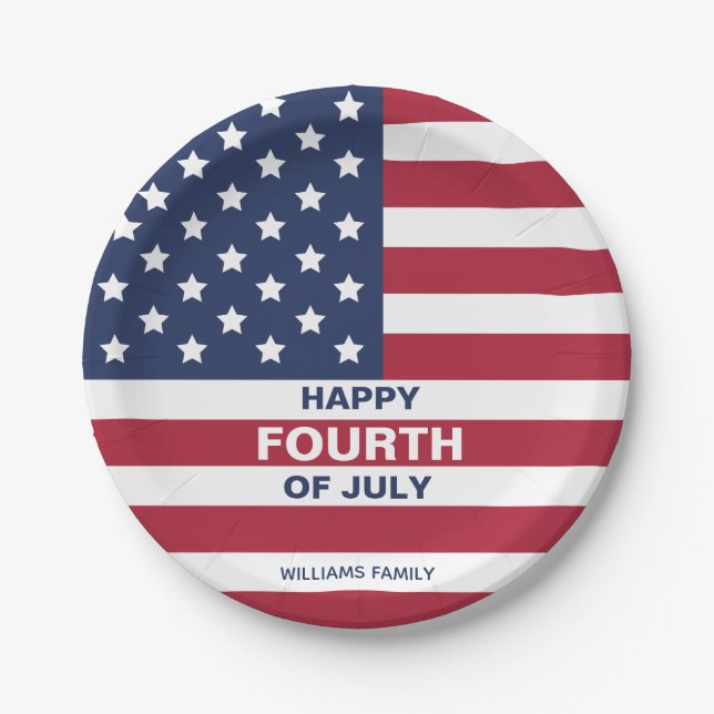USA Flag Happy Fourth of July Custom Text Paper Plates (Front)