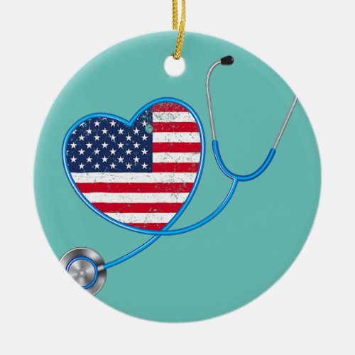 USA Flag Heart 4th Of July Gifts Nurse  Ceramic Ornament