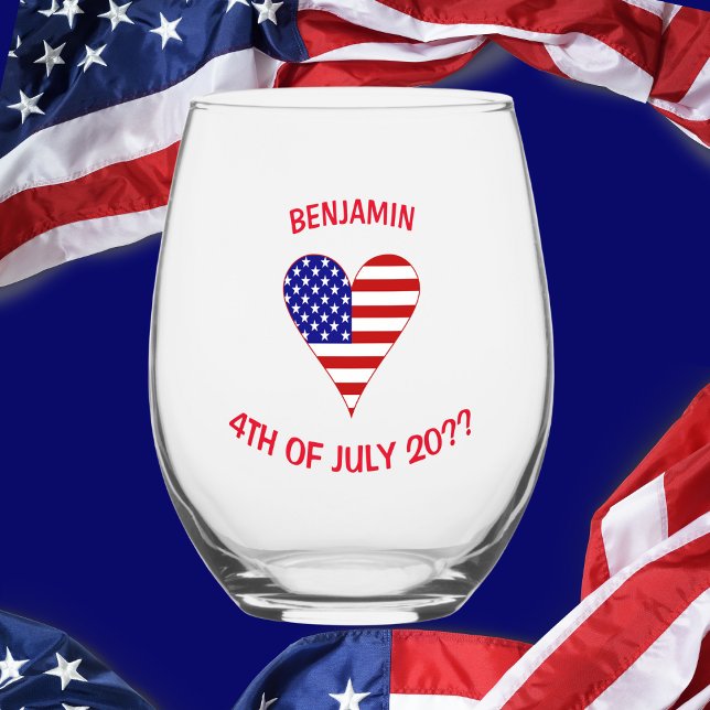 USA Flag Heart Funky Personalized Stemless Wine Glass (Creator Uploaded)