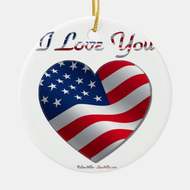 USA Flag Heart I Love You Ceramic Ornament (Front)