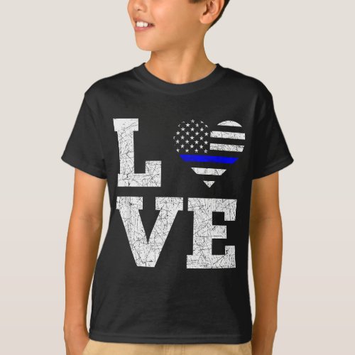 USA Flag Heart Patriotic America Thin Blue Line Po T_Shirt
