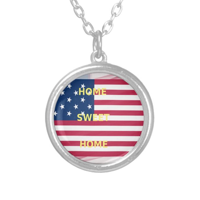 USA Flag "Home Sweet Home" Art Print Silver Plated Necklace (Front)
