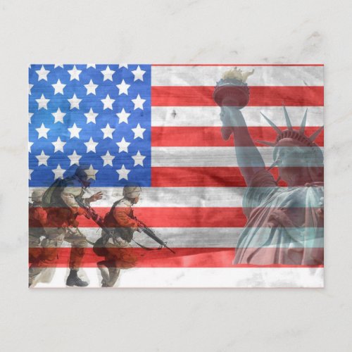 USA Flag Lady Liberty  and Soldiers Postcard