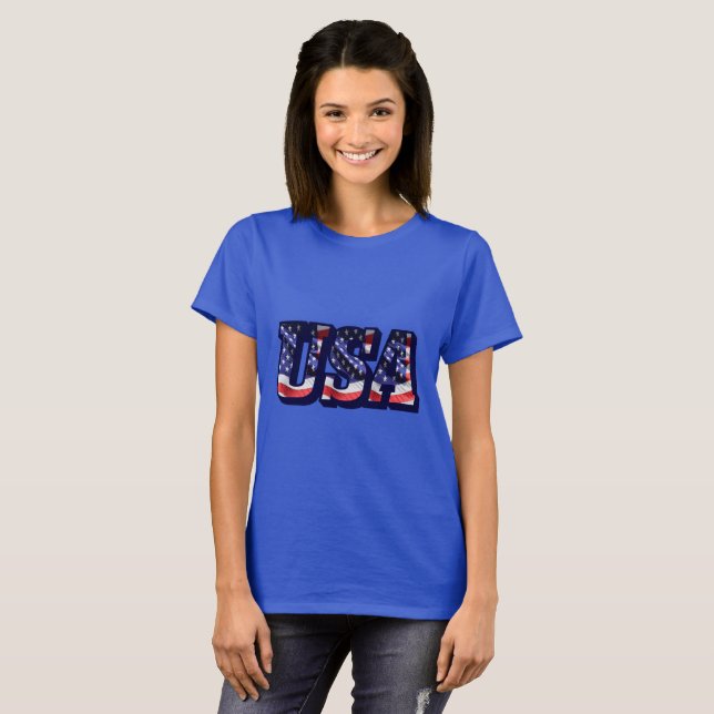 USA Flag Letters, American Flag Lady's Dark Tee (Front Full)