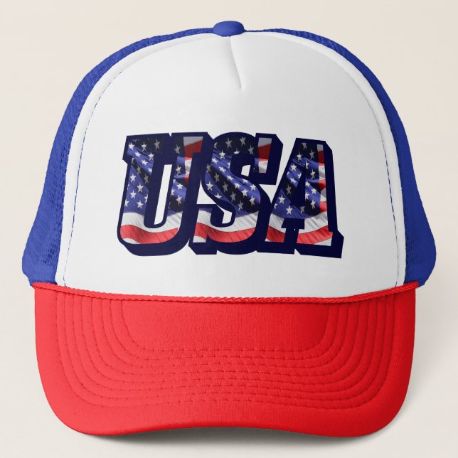 USA Flag Letters, American Flag Trucker Hat (Front)