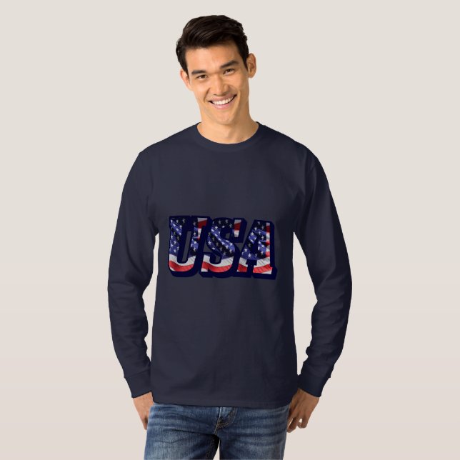 USA Flag Letters, Flag Men's Basic Long Sleeve Tee (Front Full)