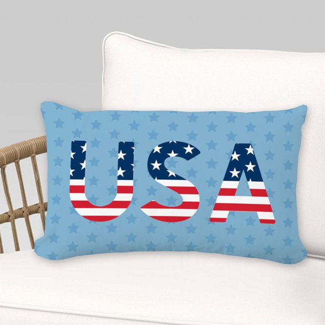 USA Flag Letters Light Blue Star Pattern Lumbar Pillow (Creator Uploaded)