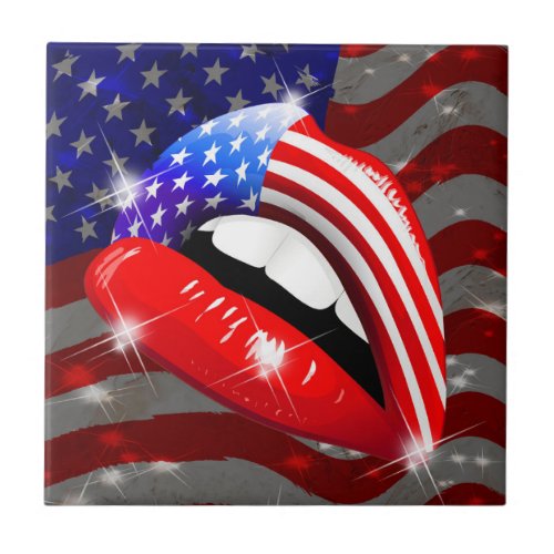 USA Flag Lipstick on Sensual Lips Ceramic Tile