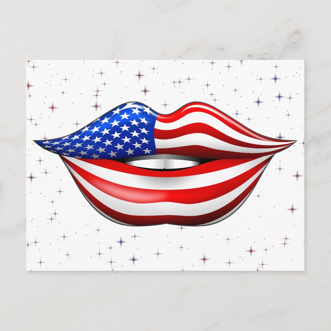 USA Flag Lipstick on Smiling Lips Postcard Zazzle