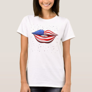 USA Flag Lipstick on Smiling Lips T-Shirt