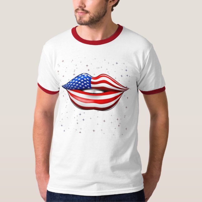 USA Flag Lipstick on Smiling Lips T-Shirt (Front)